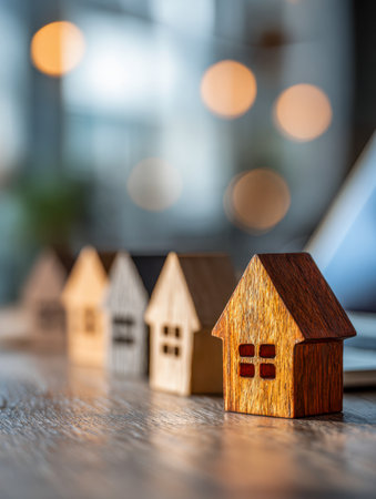 Miniature wooden houses are carefully set on a surface, with soft, glowing ambient lights in the background evoking warmth and the idea of cozy living spaces.の写真素材