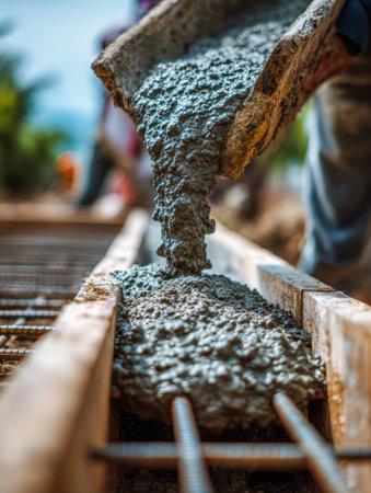 Bright sunlight illuminates a construction worker carefully pouring smooth concrete into wooden molds secured with steel reinforcements, laying the groundwork for aの写真素材