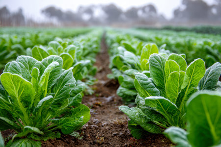 Vibrant green leaves stretch across fertile earth, glistening with dawn's moisture, while distant...