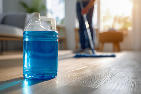 A spacious room illuminated by natural daylight, featuring a sizable blue-tinted cleaning solution container placed on a wooden surface as a person efficiently mopsの写真素材