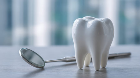 A detailed dental replica rests on a rustic wooden surface, complemented by a mirror tool, set...