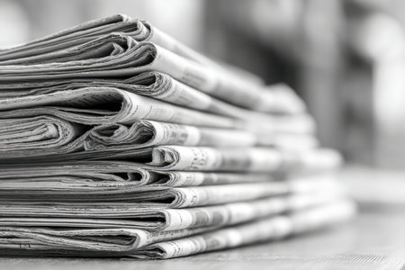 A tidy pile of folded newspapers sits on a surface, with a soft focus background creating a timeless...