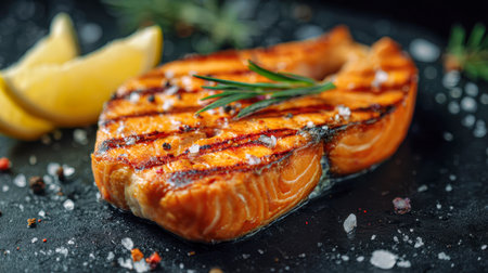 A succulent salmon steak with crisp grill marks rests on a dark backdrop, accented by sprigs of rosemary, coarse sea salt, pepper, and vibrant lemon slices.の写真素材