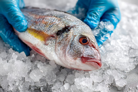 Skilled hands in blue gloves carefully arrange freshly caught fish atop cracked ice, emphasizing...