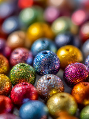An eye-catching mosaic of shimmering, vividly dyed beads packed tightly, forming a lively and celebratory display ideal for creating stunning jewelry pieces.の写真素材