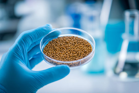 A researcher in protective blue gloves examines a container of earthy seeds, amid a lab setting with...