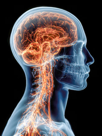 A high-tech digital illustration showing the intricate network of nerves in a semi-transparent human...