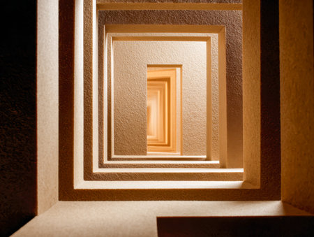A captivating view features stacked square contours diminishing into the distance, illuminated by...