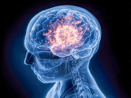 A detailed 3d depiction of a human brain in vibrant illumination reveals active neural pathways and...