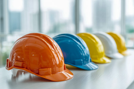Vibrant safety helmets in orange, blue, yellow, and white rest neatly on a glossy surface, with an...