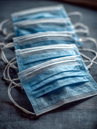 A neatly stacked pile of vibrant blue masks rests on textured fabric, emphasizing hygiene, protection, and vigilance amid health crises and seasonal outbreaks.の写真素材