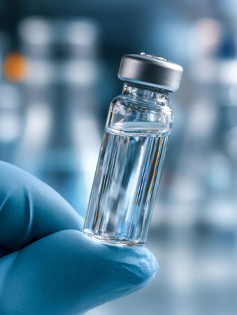 A gloved hand carefully cradle a transparent vial filled with a vibrant liquid, set against a softly...