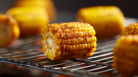Juicy corn coated with savory spices sits steaming on a grill rack, with wisps of smoke swirling in...