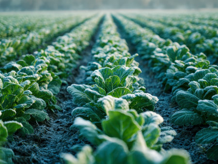 Lush, vibrant greens stretch across neatly organized beds, basking in gentle dawn sunlight on a carefully tended farm terrain?evoking freshness and sustainable cultiの写真素材