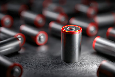 A solitary battery stands upright amid a chaotic spread of batteries on a rough dark backdrop, illuminated by sharp lighting to evoke themes of power and vitality.の写真素材