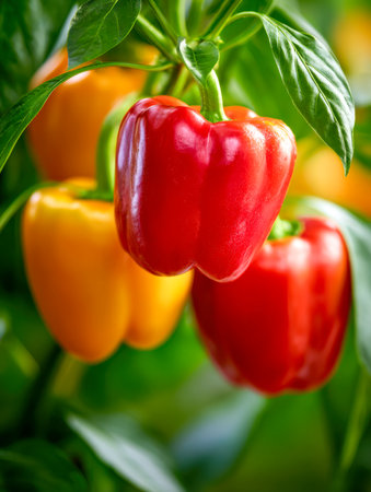 Bright sunlight illuminates a lush garden scene where ripe, colorful peppers dangle amid vibrant green leaves, symbolizing fresh, organic bounty just before harvest.の写真素材