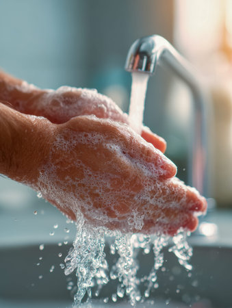 A person carefully scrubs their hands with foamy soap beneath a steady flow of water, emphasizing...