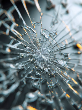 A burst of fractured glass radiates outward, its complex web of lines shimmering under light, forming an energetic and captivating visual explosion.の写真素材