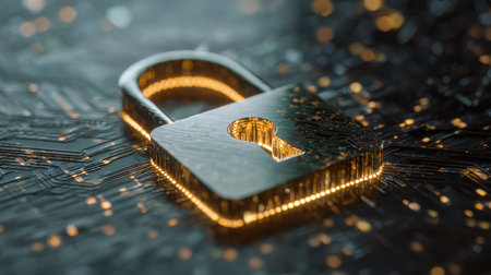 A sleek, reflective silver lock sits atop a vibrant, illuminated circuit interface, embodying the essence of safeguarding digital networks in an advanced tech settinの写真素材