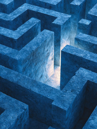 A glowing trail winds through a labyrinth of rugged blue stones, embodying perseverance and insight...