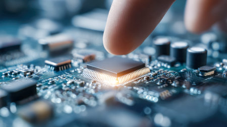 A precise fingertip touches a luminous microcircuit on an intricate motherboard, symbolizing...