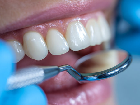 A clinician with blue gloves inspects pristine white teeth using a mirror, highlighting a meticulous dental assessment in a sterile health environment.の写真素材