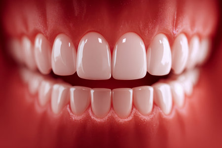 A high-resolution digital illustration showing a set of pristine, well-aligned teeth and gums with...