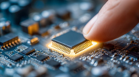 A human finger softly contacts a glowing microprocessor nestled within an intricate blue circuitry landscape, symbolizing innovation and cutting-edge electronics.の写真素材
