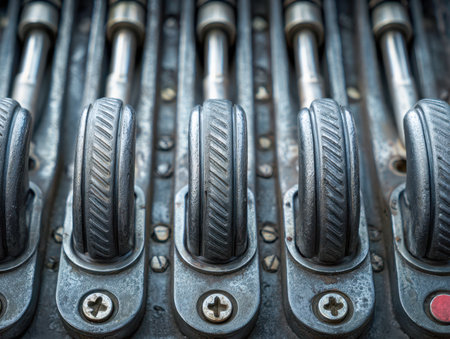 A series of aged metallic levers arranged meticulously within an industrial setting, highlighting textured surfaces and intricate mechanical components in sharp focuの写真素材
