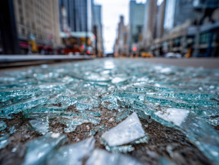 Jagged shards of glass glisten on a city street, with out-of-focus buildings and moving vehicles softly lit by daylight, evoking a moment of chaotic aftermath.の写真素材