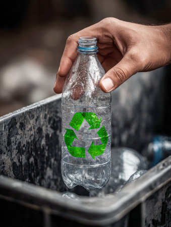 An individual contributes to eco-friendly practices by discarding a reusable plastic container into...