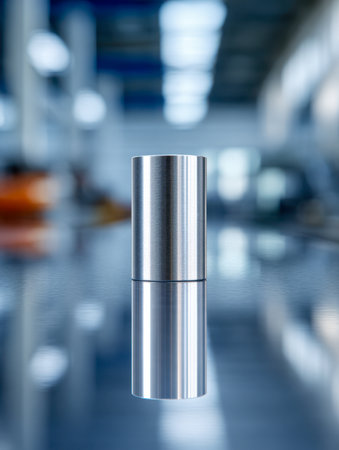 A finely machined metal cylinder mirrors its surroundings on a glossy surface, set against a softly lit workshop with a diffuse industrial backdrop.の写真素材