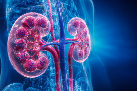 An intricate depiction of human kidneys nestled within a transparent lower torso, highlighting blood...