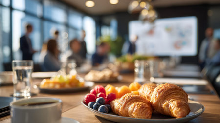 Elegant breakfast spread featuring golden croissants and vibrant berries, set on a plate amidst a...