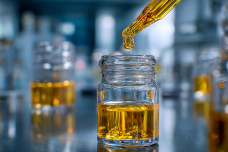 A precision instrument gently dispenses luminous golden fluid into a tiny jar containing rich amber tint, set against glossy surfaces and a softly blurred lab backdrの写真素材