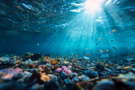 Dim sunlight filters through murky waters, flickering over scattered plastics and debris adrift...