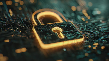 A luminous golden lock embedded amid intricate, glowing circuit pathways, conveying cutting-edge digital security and robust data safeguard methods.の写真素材