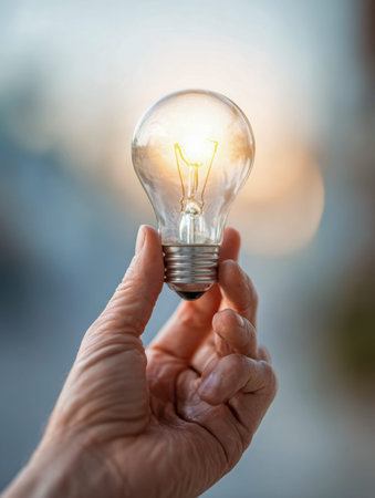 A palm gently cradles a radiant filament bulb, diffuse evening light highlights its warm glow,...