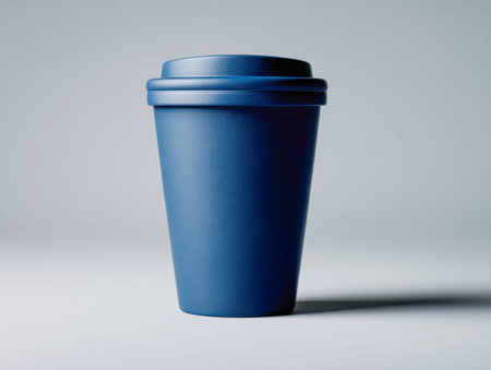A sleek, eco-friendly blue travel mug with a leak-proof lid rests on a plain background, emphasizing...