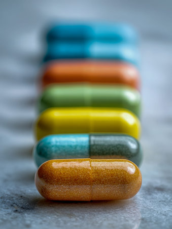 Vibrant capsules neatly arranged on a polished marble background, softly blurred in the background,...