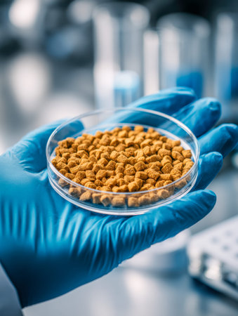 A researcher carefully analyzes textured brown particles in a dish, donning safety gloves amidst a...