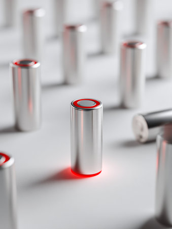 A sleek lineup of metallic energy cells on a clean white background, with a single vibrant red glow symbolizing dynamic power and innovative energy solutions.の写真素材