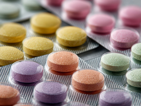 A vibrant display of pastel-hued tablets and capsules organized in neat blister packs, evoking a sense of daily wellness and balanced health practices.の写真素材