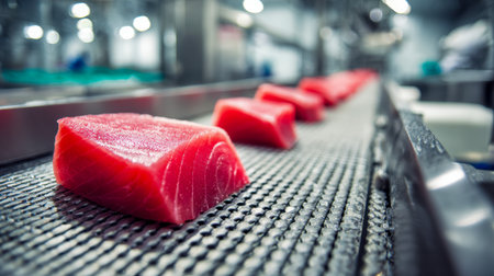 Sleek, glistening salmon pieces glide along a stainless steel conveyor under bright illumination, embodying efficiency in a state-of-the-art seafood production settiの写真素材