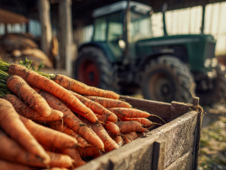 Vibrant orange roots nestled in earthy soil, packed in a weathered wooden crate, with an antique tractor casting warm glow during a serene sunset on the farm.の写真素材