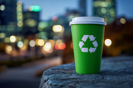 A vibrant green cup with a universal recycling icon rests on a textured stone surface, illuminated by cityscape glow, inspiring sustainable daily choices.の写真素材