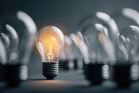 A luminous filament bulb shines intensely, contrasting against dormant counterparts in low light, embodying originality and the spark of new ideas.の写真素材