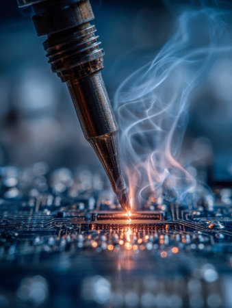 A precision tool warms a tiny metal joint on an intricate circuit board, with wisps of smoke curling upward, capturing the meticulous craftsmanship of electronics asの写真素材