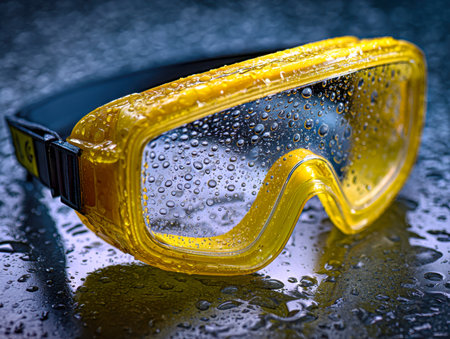 Bright yellow safety goggles glisten with water droplets, positioned on a damp dark surface, ready to shield eyes during water-related or industrial tasks.の写真素材
