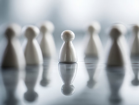 A solitary white piece stands out sharply amid a shiny surface, surrounded by softer reflections and blurred counterparts, embodying strength and uniqueness.の写真素材